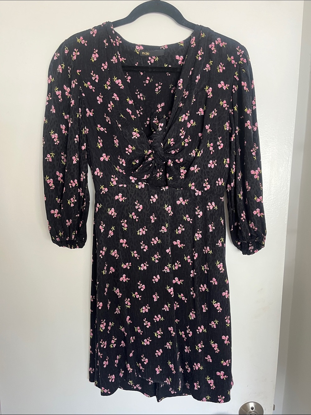 Maje Black Mini Dress with Pink Floral Pattern